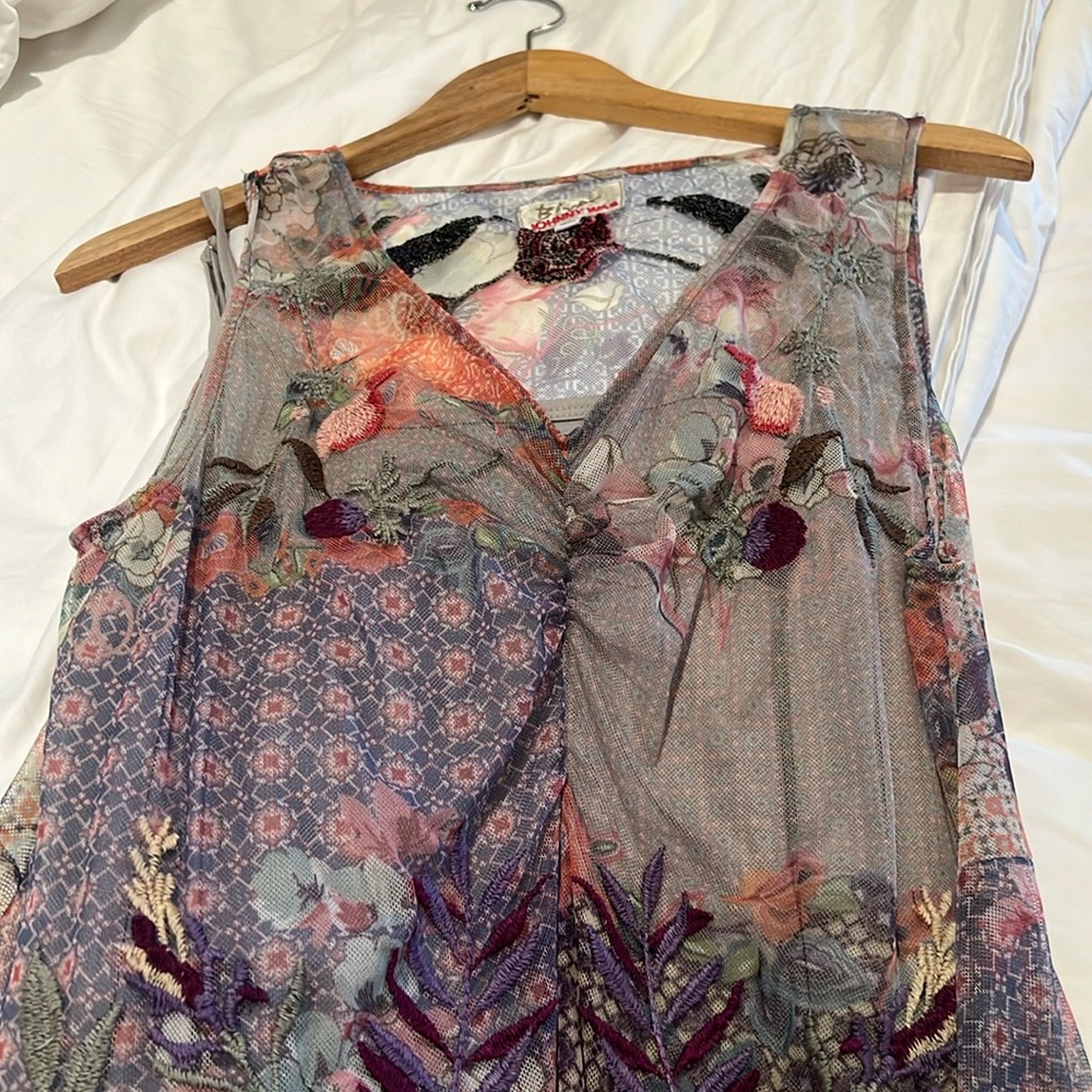 JOHNNY WAS Sheer multicolored floral dress with grey long cami liner. worn once